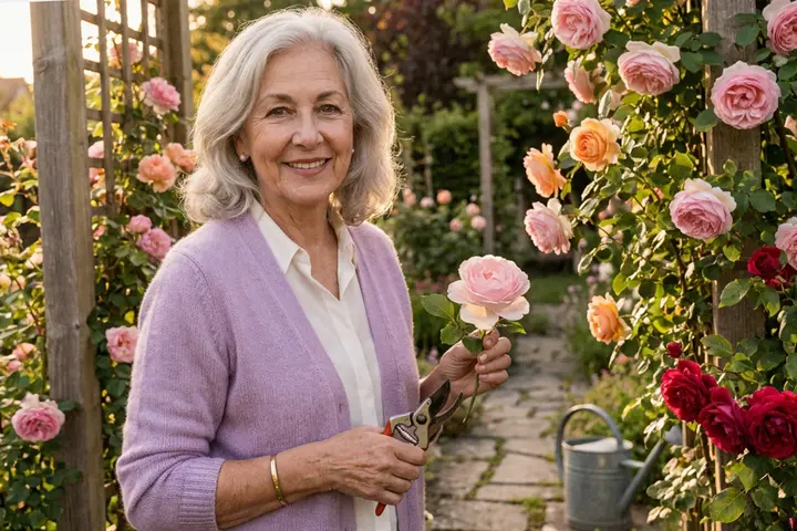 Marie among the roses, holding a pale rose just cut