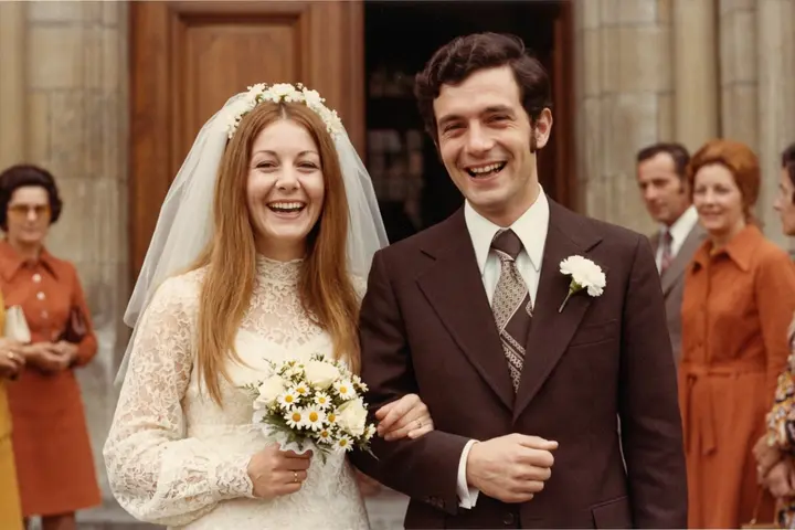 Marie and Pierre on their wedding day, arm in arm and laughing